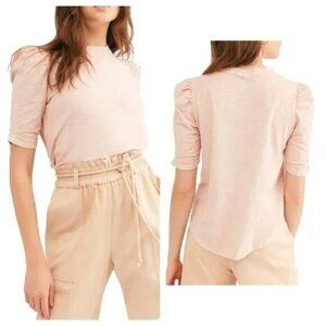 Free People Scoop Neck Slub Cotton & Linen Top 3/4 Length Sleeve Pale PInk